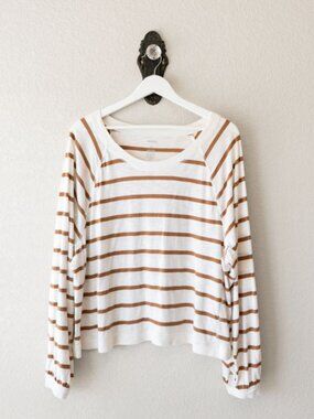 Sonoma White Brown Stripe Top XL Cotton Modal Long Sleeve Elastic Cuff Casual